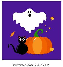 Spooky Ghost Kürbis schwarze Katze verlässt Herbst Halloween Komposition, Vektorgrafik