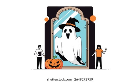 Spooky Ghost Reflection in Ornate Mirror with Halloween Pumpkin and People Taking Photos