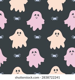 Spooky Ghost Repeat Pattern Featuring Cute Ghost Faces with Different Emotions and Tiny Spiders on Dark Background