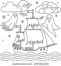 Spooky ghost ship sailing colouring. Halloween Outline Coloring Page