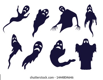 Spooky ghost silhouettes for halloween designs. Monochrome set of hand-drawn outline spooks and spirits.