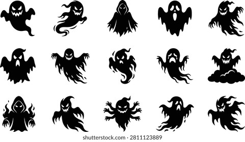 Spooky ghost silhouettes, halloween spirits, scary specter icon.