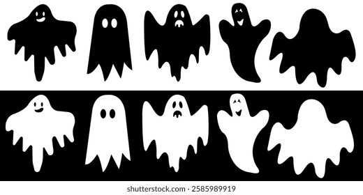 Spooky Ghost Silhouettes. Haunting Halloween Spirit Icons and Designs. Vector illustration isolated on black and white background.