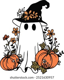 Spooky Ghost Vector, Fall Eps, Ghost Floral Vector, Pumpkins, leaves, Cute Flower Ghost Vector, Flower Ghost Vector