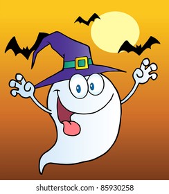 Spooky Ghost Wearing A Witch Hat Over Bats On Orange