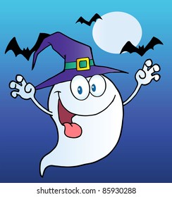 Spooky Ghost Wearing A Witch Hat Over Bats On Blue