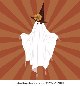 Spooky ghost in witch hat and white sheet on rayburst background vector illustration. Classic Halloween icon scary haunt postcard.