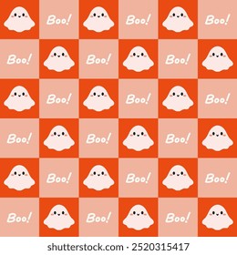 Spooky Ghosts and "Boo!" Text on Checkered Orange Background. A Halloween checkered pattern featuring adorable cartoon ghosts and playful "Boo!" text on a vibrant orange and cream grid.