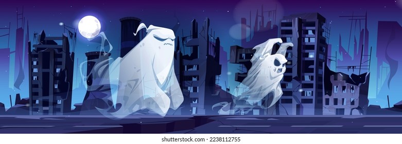 Spooky ghosts in destroyed abandoned city at night. Cartoon Halloween characters floating along street with broken buildings under full moon. Funny creatures, spooks, Vector illustration