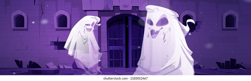 Spooky ghosts near abandoned castle gates at night. Cartoon Halloween characters floating at haunted house facade with broken walls. Funny yelling spooks near old palace entrance, Vector illustration