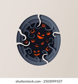 Spooky glowing face in Halloween mysterious forest. Scary eyes and mouth in Halloween forest. paper cut and craft style. vector, illustration.