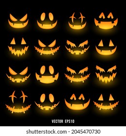 Spooky glowing face isolated on a dark background, Funny, and scary eyes and mouth. Emojis for Halloween day, Flat cartoon flat style. illustration Vector EPS 10