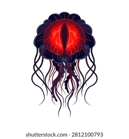 Spooky glowing red eye jellyfish monster vector set illustration for mysterious dark deep sea creature designs.