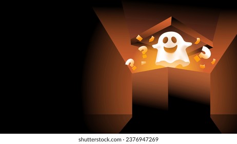 spooky gohst comos out from mystery gift box. halloween mystery box editable template concept. vector illustration