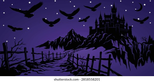 Spooky gothic castle silhouette with flying ravens on purple starry night