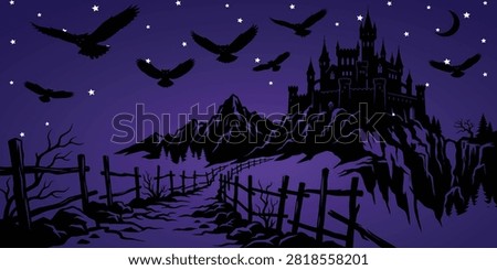 Spooky gothic castle silhouette with flying ravens on purple starry night