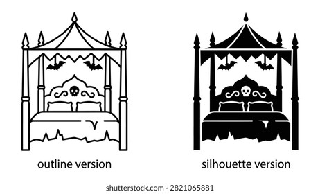 Spooky gothic four poster bed with skull and bats icon set in outline and solid black silhouette design style