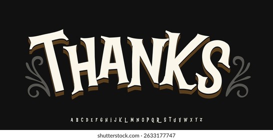 Spooky gothic lettering, word thanks. Curvy serif type with shadows, Halloween horror movie vibe typography for spooky greeting cards, gothic party invites, fantasy posters. Vector illustration