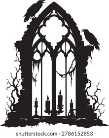 Spooky gothic window silhouette with haunted branches and bats in black vector style. Great for Halloween backgrounds, printable decorations, horror themed posters, and dark fantasy artwork.