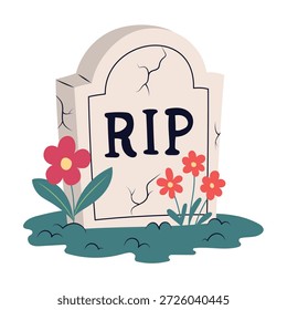 Spooky Gravestone with RIP Sign and Red Flowers.