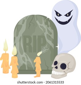 Spooky gravestone semi flat color vector item. Tombstone with ghost. Realistic object on white. Halloween decoration isolated modern cartoon style illustration for graphic design and animation