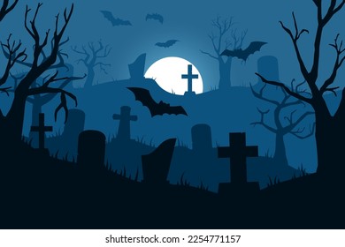 Spooky graveyard background. Halloween night. Comic and creepy hills with pumpkins. Scary landscape. Cemetery tombstones. Flying bats. Tree silhouettes. Vector cartoon garish illustration