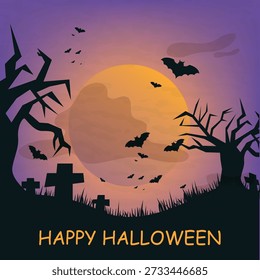 Spooky graveyard with bare trees, bats, full moon, happy halloween text