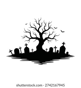 Spooky Graveyard with Dead Tree Silhouette – Halloween Cemetery Vector Illustration