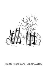Spooky Graveyard Gate Coloring Page for Kids. Simple Halloween Outline Illustration for Children.