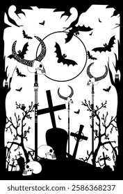 Spooky Graveyard Illustration, land of the dead. A black and white illustration depicts a graveyard scene under a full moon. The moon is surrounded by bats flying in the night sky. The graveyard is fi