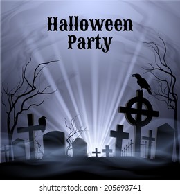 Spooky graveyard on the H alloween Night, Halloween Party poster in black and white 