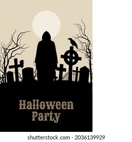 Spooky graveyard on the Halloween Night in sepia with silhouette of the Grim Ripper. Welcome to Halloween Party poster in Gothic style.