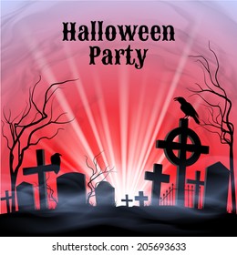 Spooky graveyard on the Halloween Night, Halloween Party poster in black, red and white 