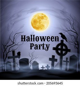 Spooky graveyard on the Halloween Night with evil raven on a celtic cross under full Moon. Have a nice Halloween Party!   