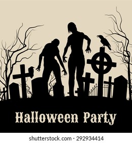 Spooky graveyard on Halloween Night, retro poster for Halloween Party in sepia with zombie