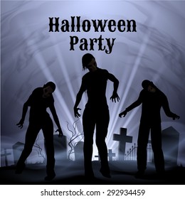 Spooky graveyard on Halloween Night, Halloween Party poster in black and white with zombie