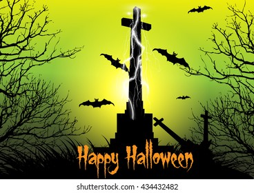 Spooky graveyard scene with cross,thunderbolt and bats flying in the moonlight. Design concept for Halloween background.