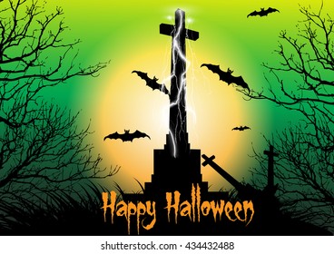 Spooky graveyard scene with cross,thunderbolt and bats flying in the moonlight. Design concept for Halloween background.