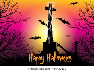Spooky graveyard scene with cross,thunderbolt and bats flying in the moonlight. Design concept for Halloween background.