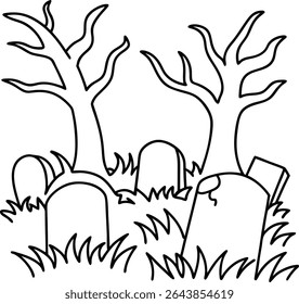 Spooky Graveyard Scene Featuring Bare Trees and Tombstones in a Whimsical Halloween Illustration Suitable for Coloring Books and Festive Decorations Perfect for Children and Adults Alike