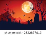 A spooky graveyard scene with silhouettes of tombstones and bare trees against 