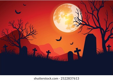 A spooky graveyard scene with silhouettes of tombstones and bare trees against 