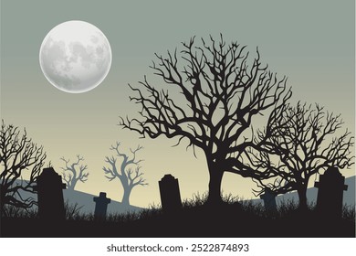 A spooky graveyard scene with silhouettes of tombstones
