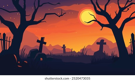 A spooky graveyard scene at sunset, featuring silhouettes of tombstones, barren trees, and a large, orange sun illuminating the dark landscape.