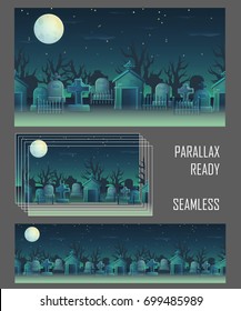 Spooky graveyard seamless parallax ready background for game and app design. Gravestone, tomb, cross, full moon, cemetry fence, crypt.