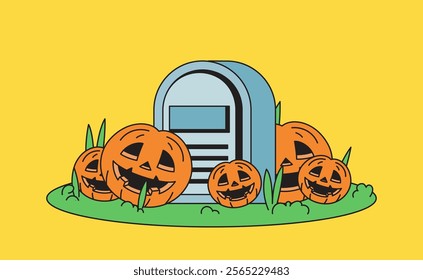 Spooky graveyard surrounded by halloween pumpkin in green grass with cartoon hand drawn vector illustration