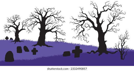 Spooky graveyard with tombs and ghost trees. Halloween banner sceene invitation background. Vector design isolated on white background.