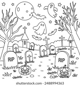 Spooky graveyard with tombstones and bats Halloween on graveyard background colouring. Halloween Outline Coloring Page