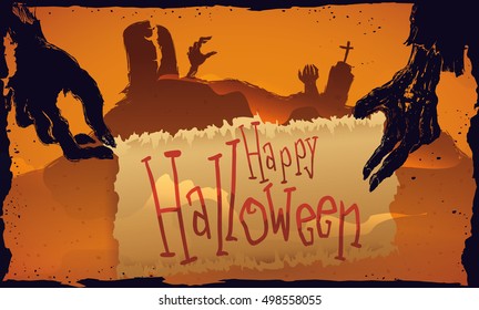 Spooky graveyard view with zombies hands holding a commemorative scroll for Halloween and other undead creatures rising from their graves.