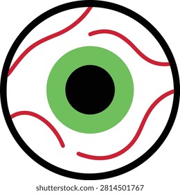 Spooky green eyeball vector illustration with red bloodshot veins for Halloween graphic designs